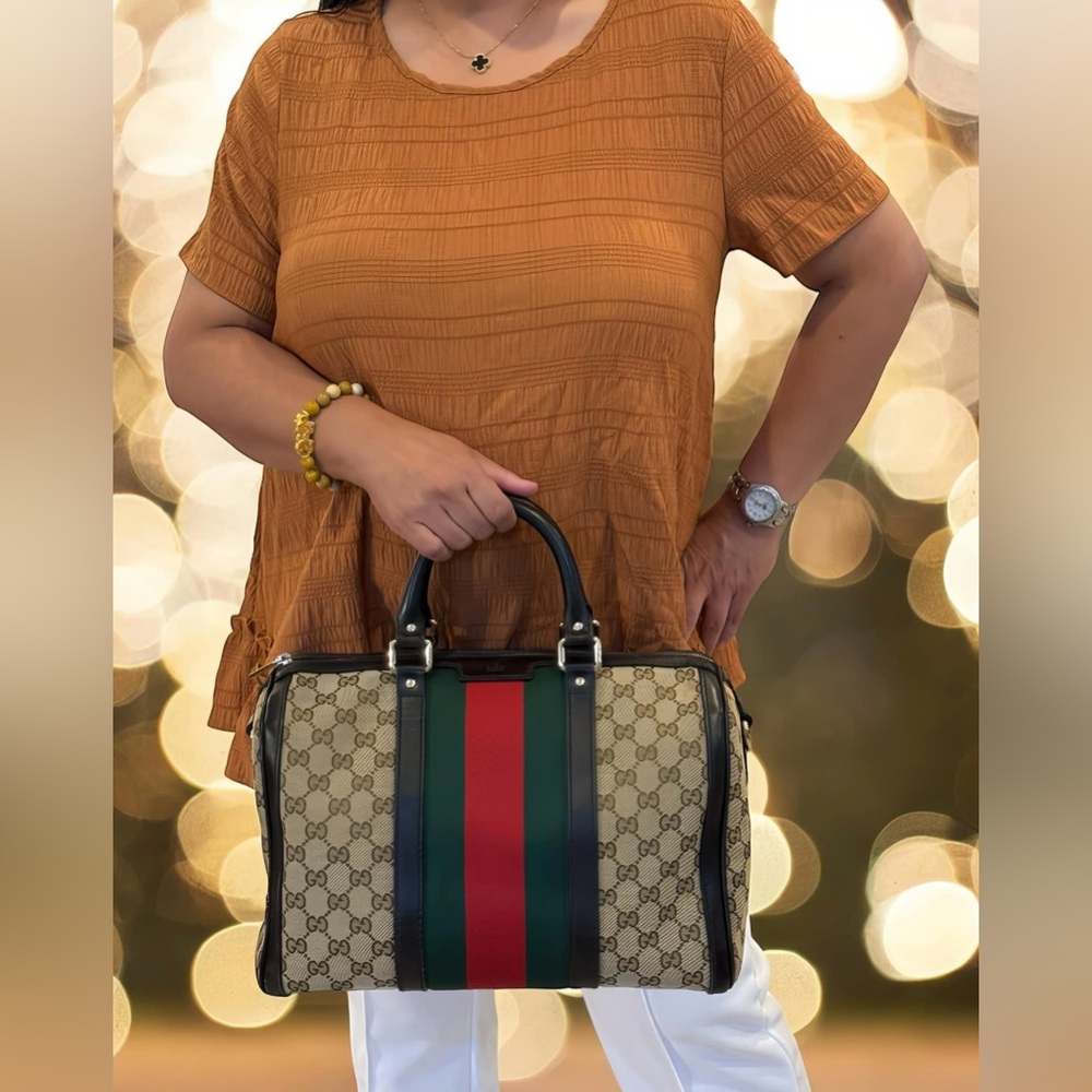 Gucci Beige/Dark Brown GG Canvas Vintage Web Medium Boston Bag w/ Shoulder Strap